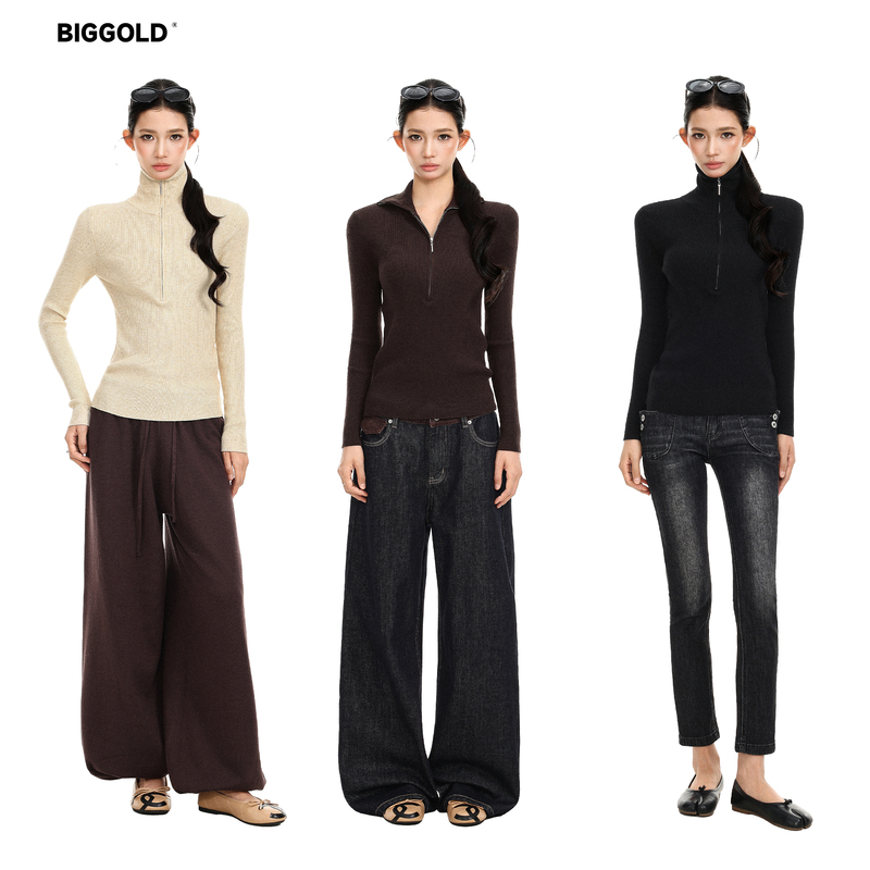Biggold Melard Half-Zip Slim Pullover Sweater for Women, Autumn and Winter, Atmospheric, Waist-Cinching, Slimming Sweater Top
