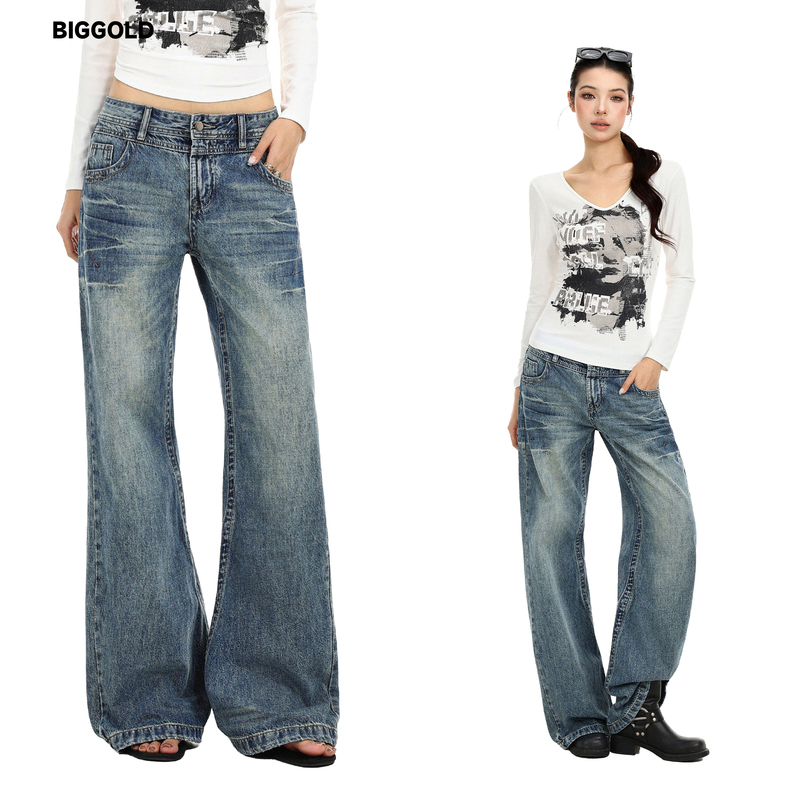 Biggold Retro Distressed Low-Waisted Flared Jeans for Women, American Style, Slimming, Loose, Floor-Length Wide-Leg Bell-Bottom Pants Biggold Retro Distressed Low-Waisted Flared Jeans for Women, American Style, Slimming, Loose, Floor-Length Wide-Leg Bell-Bottom Pants