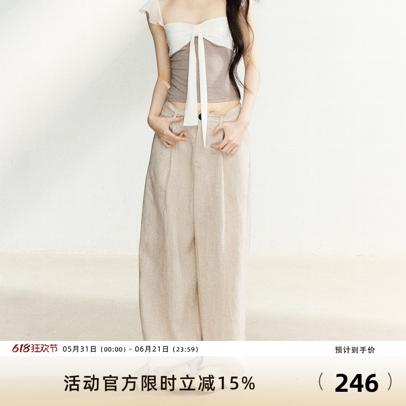 7Shiftin Original Design Linen High-Waisted Drape Casual Pants Simple Versatile Wide-Leg Pants Loose Lightweight Long Pants