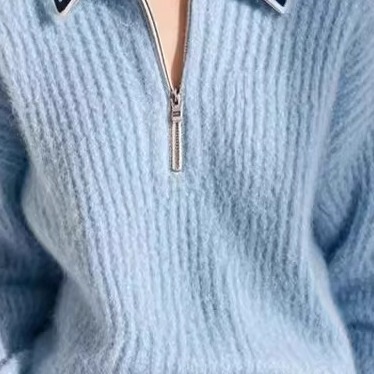 Mall Clearance Unique and Beautiful Sweater, Blue Half-Zip Polo Collar, Loose Fit, Knitted Top for Women, Spring and Summer Mall Clearance Unique and Beautiful Sweater, Blue Half-Zip Polo Collar, Loose Fit, Knitted Top for Women, Spring and Summer