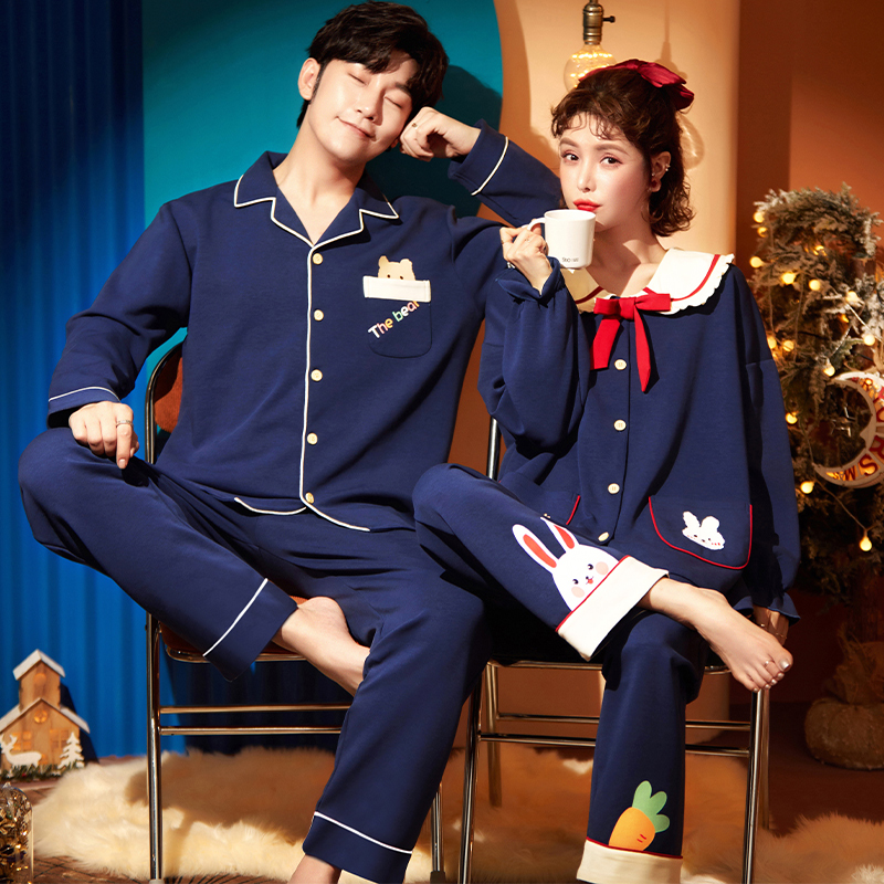 Couple pajamas women's 2022 new spring and autumn thin section long-sleeved cotton high-end men can wear home clothes suits