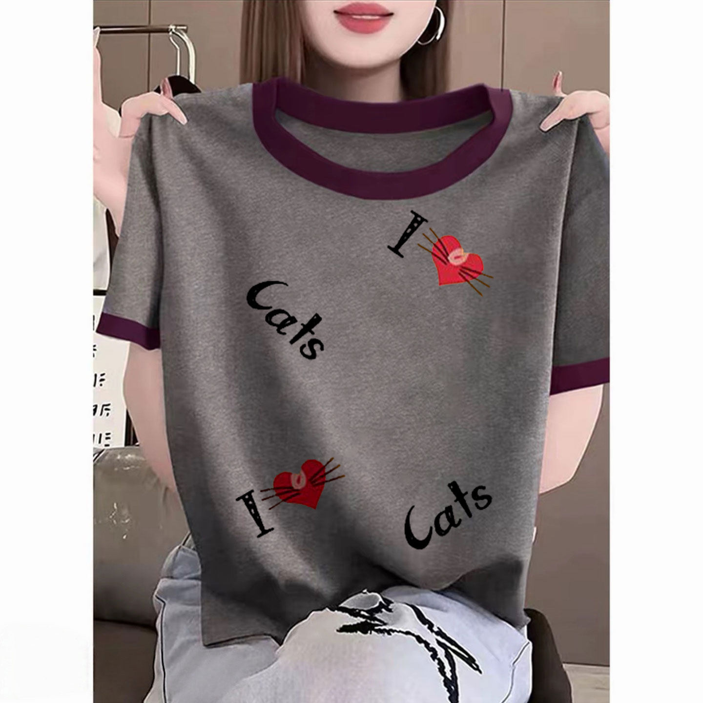 纯棉2026新款正肩夏季短袖设计ins休闲时尚款印花撞色T恤上衣女潮