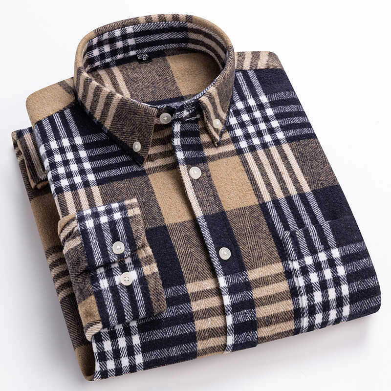 100% Pure Cotton Flannel Shirt for Men, Long-Sleeve Brushed Business Casual Plaid Shirt, Trendy Oversized Jacket