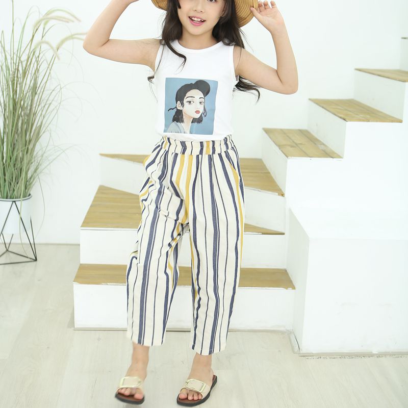 Cotton nine-point pants Girls loose summer thin section wild stripe casual pants Harun in the big child little girl pants