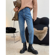 Winter fashionable high waist slim jeans fleece Joker thick slim feet straight jeans women ankle-length pants