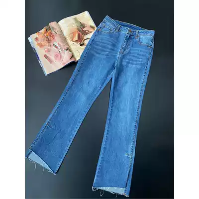 Thin thin pants 21 new thin high waist retro comfortable large elastic burrs split micro trumpet jeans