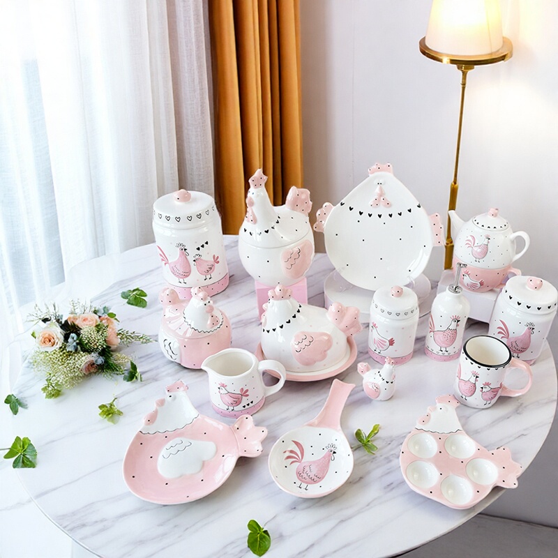 Super Cute American-Style Creative Ceramic Pink Chicken Tableware Set Decoration Wedding Gift for Girlfriend or Best Friend