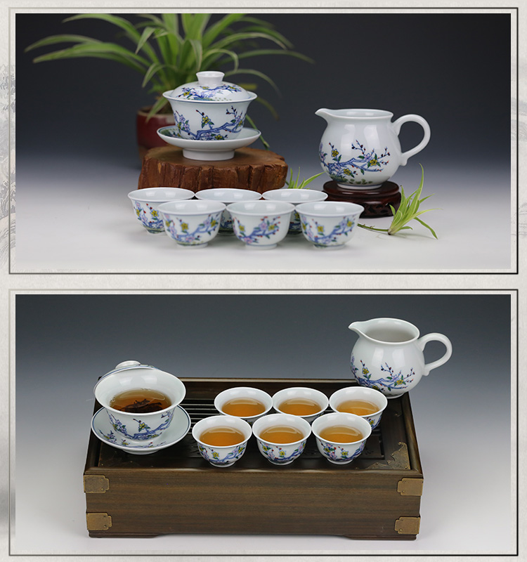 Beijing DE and auspicious jingdezhen hand - made ceramic kung fu tea set of the whole up peach blossom put tureen group gift boxes