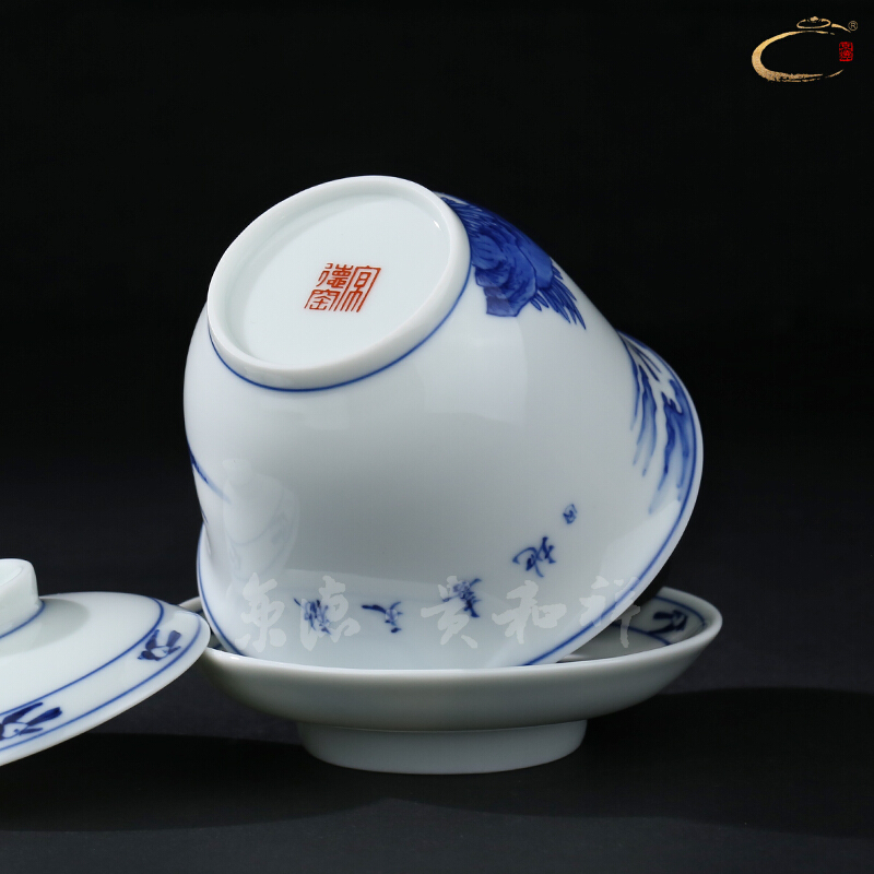 Beijing DE up and auspicious pure manual tureen blue - and - white merrily merrily tureen hand - made ceramic three bowl of tea bowl