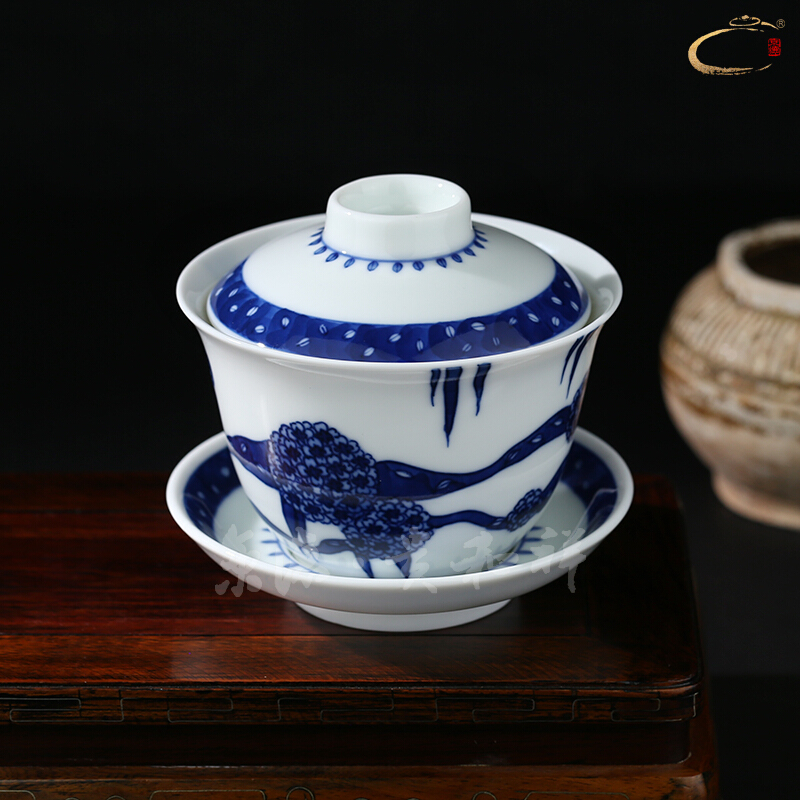 Beijing DE up and auspicious pure manual tureen blue - and - white merrily merrily tureen hand - made ceramic three bowl of tea bowl
