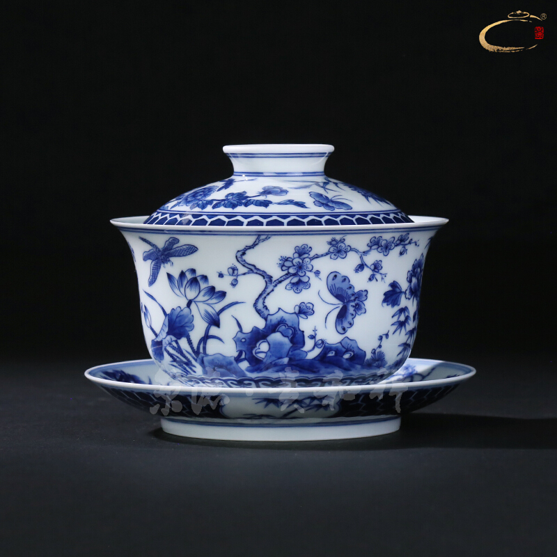 Jingdezhen blue and white dragon and auspicious hand - made tureen tureen pure manual to use hand draw three tureen tea cups