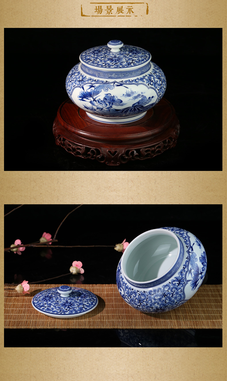 Beijing DE and auspicious manual blue and white window yuanyang flower POTS can of business gifts ceramic tea canister