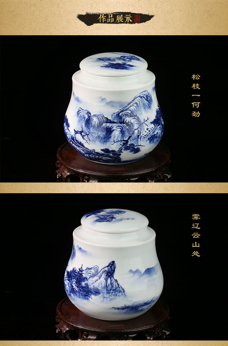 Beijing 's blue and white landscape and auspicious save tea caddy fixings jingdezhen ceramics receives gifts tea packaging gift box