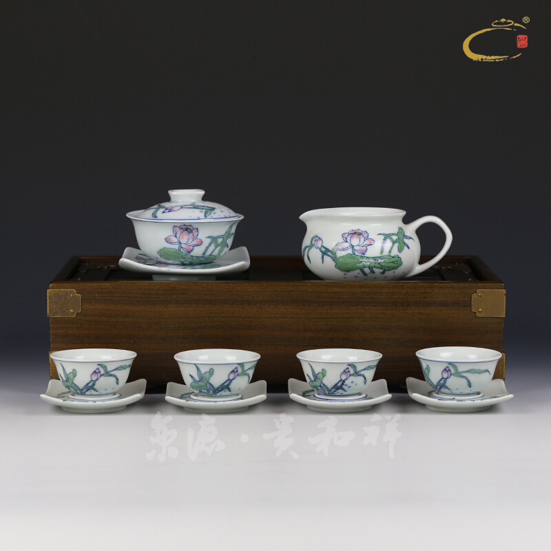 Jingdezhen hand - made ceramic kung fu tea set combination jing DE auspicious esteeming harmony of a complete set of tea cups tureen group
