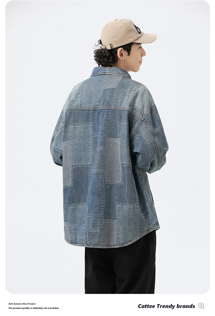 Джинсовая рубашка 牛仔衬衫工装男女美式复古格子拼接设计水洗复古牛仔外套衬衣 7ii7