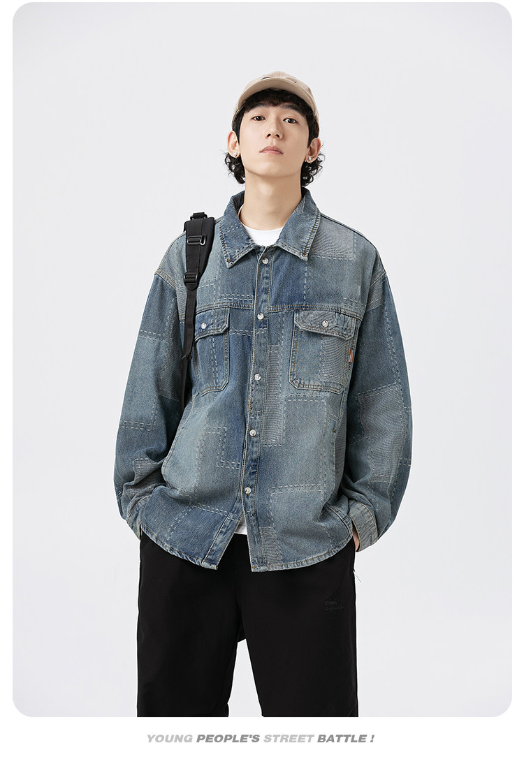 Джинсовая рубашка 牛仔衬衫工装男女美式复古格子拼接设计水洗复古牛仔外套衬衣 7ii7