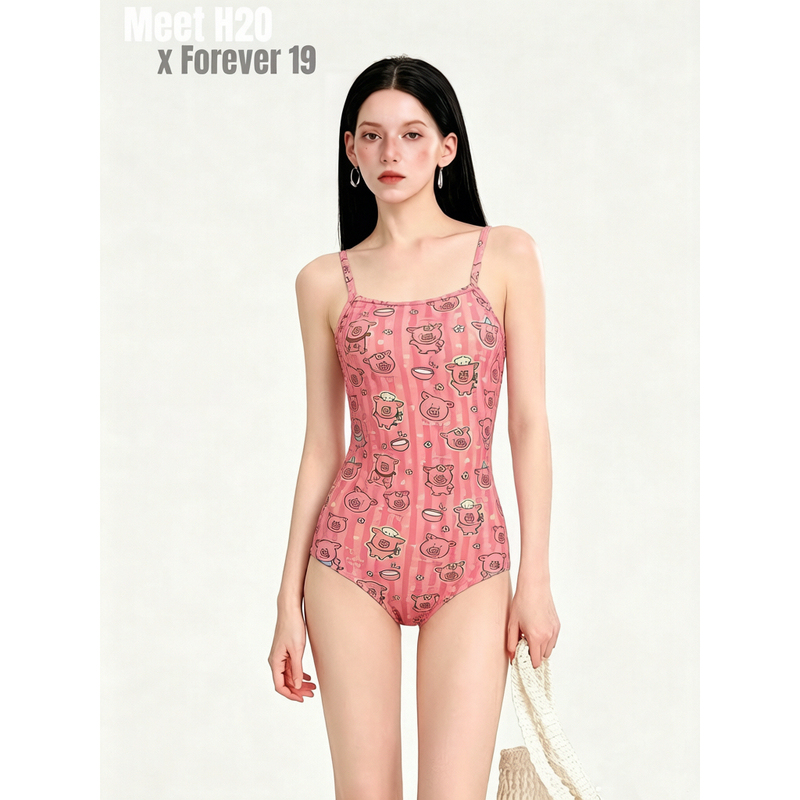 【Forever 19】Little Piggy Dudu - Single-Layer Racing Swimsuit for Women - Low-Cut, Full Coverage, No Chest Pads 【Forever 19】Little Piggy Dudu - Single-Layer Racing Swimsuit for Women - Low-Cut, Full Coverage, No Chest Pads