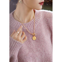 Njiahui Penny-wide Niche Tune ~ 925 Silver Plated K Gold Necklace Woman Retro Light Extravagant 3D Relief Gold Coin Lock Bone Chain