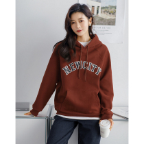 Njiahui trendy reduction of age ~ letter printed plus suede thickened with cap and sweatshirt female winter casual loose foreign air blouse
