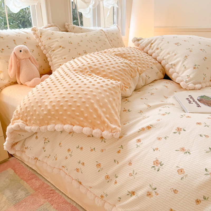 Pure Cotton Plus Fleece Duvet Cover Four-Piece Bedding Set, Ab-Side Duvet Cover Plus Fleece Bed Sheet Three-Piece Set, Autumn and Winter Warm Bedding