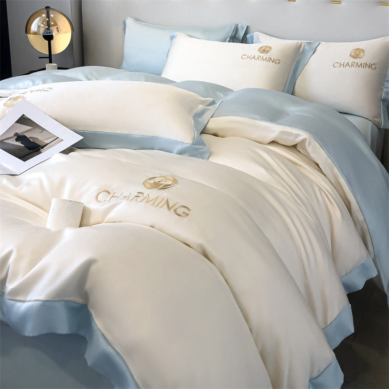 Summer Ice Silk Four-Piece Set, Light Luxury and High-End Feel, Bed Sheet and Duvet Cover for Master Bedroom, Non-Cotton Pure Cotton Bedding Three-Piece Set