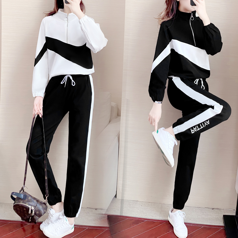 Hong Kong casual sportswear suit 2021 spring and autumn new style fried street women's handsome stand-up collar sweatshirt two-piece set