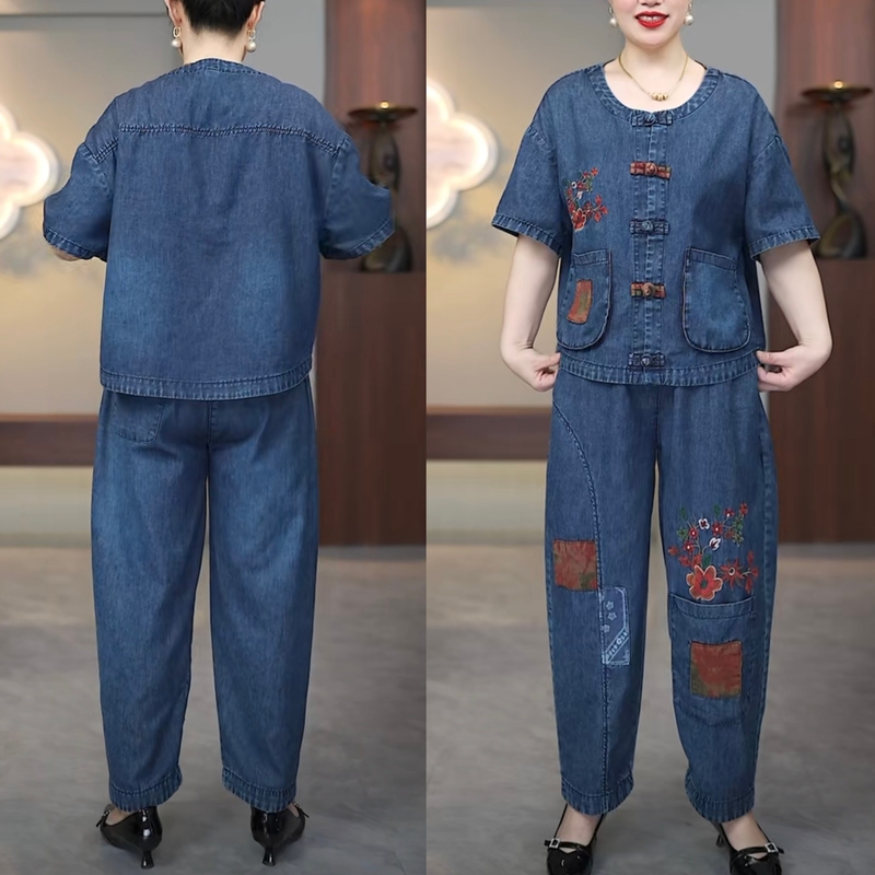 New Short-Sleeved Thin Washed Denim Suit That Covers the Body and Looks Slimming, 2026 Wheat Ear Mom Style Casual Commuting Two-Piece Set