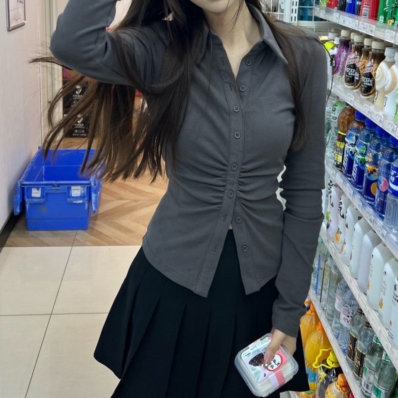 Xinjiang Pure Desire Spicy Girl Shirt-Style Top with Long Sleeves, Slim Fit, Waist-Cinching, Short Design, Unique Uniform Style