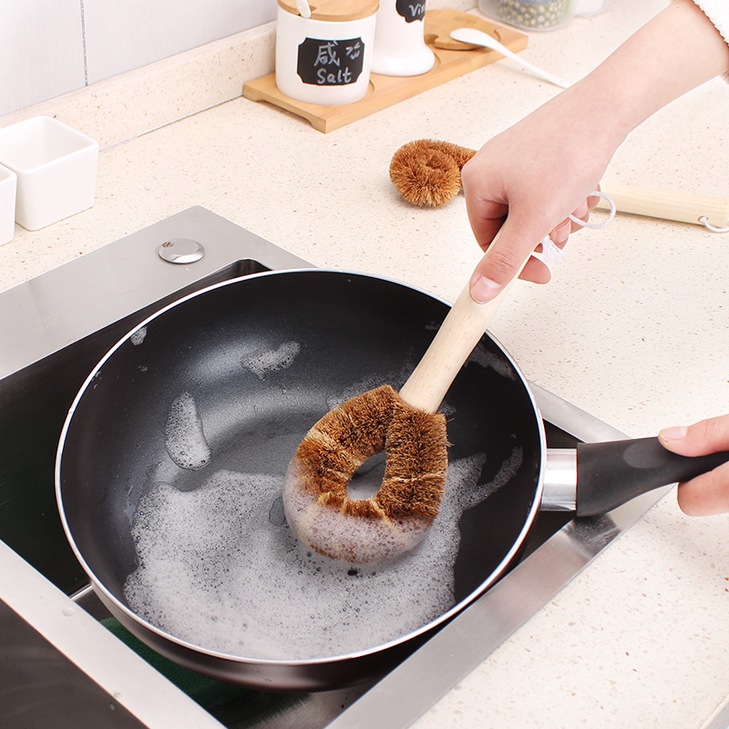 Pot brush non-stick long handle coconut palm kitchen cleaning dish washing brush hard hair palm wash bottle cup small shabu