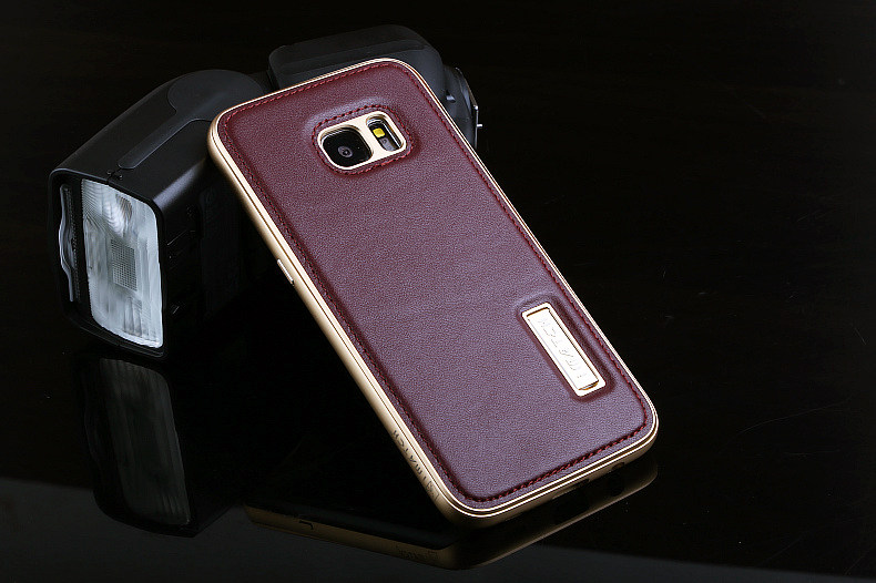 iMatch Luxury Aluminum Metal Bumper Premium Genuine Leather Back Cover Case for Samsung Galaxy S7 Edge G9350 & S7 G9300