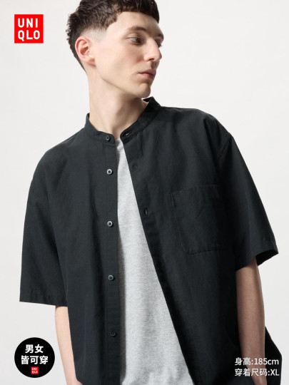 Мужские и женские рубашки Uniqlo из хлопка и льна с воротником-стойкой/рубашки с короткими рукавами, кардиганы, повседневные 474528 464939