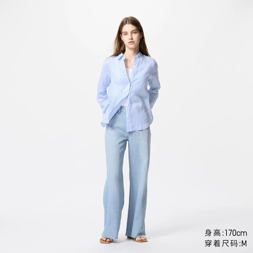 Uniqlo женская французская льняная рубашка в полоску, рубашка с длинными рукавами, рубашка с кондиционером, тонкая куртка 475648