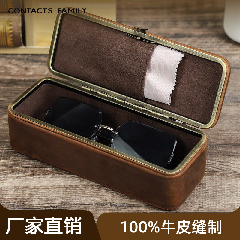Retro High-End Crazy Horse Leather Genuine Leather Handmade Glasses Case with Flip Cover, Convenient Large Sunglasses Cowhide Sunglasses Storage Box Retro High-End Crazy Horse Leather Genuine Leather Handmade Glasses Case with Flip Cover, Convenient Large Sunglasses Cowhide Sunglasses Storage Box