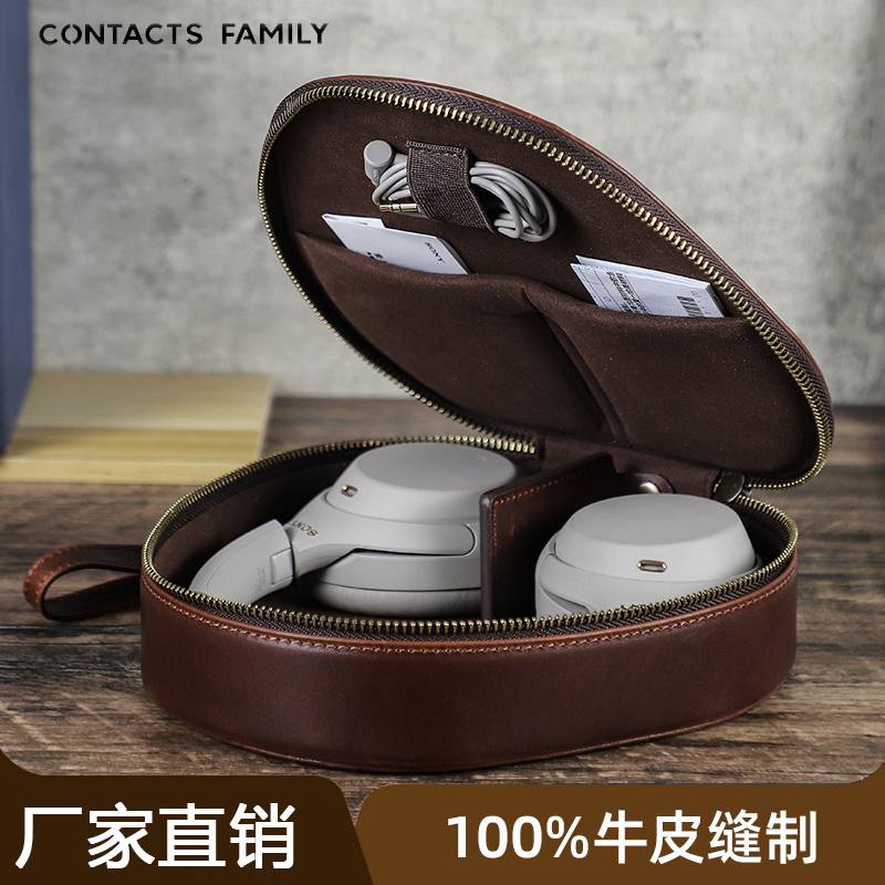 Suitable for the New Sony Wh1000Xm6/5/4 Over-Ear Wireless Headphones, Genuine Leather Cowhide Portable Headphone Case, Crazy Horse Leather Storage Bag, Convenient Zipper Bag, Multifunctional Headphone Protective Case