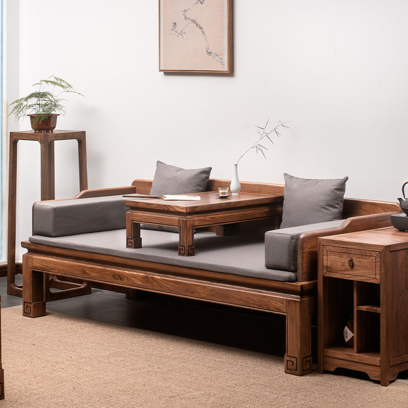 New Chinese Luohan bed three-piece modern simple Zen furniture Old Elm solid wood sofa bed living room combination