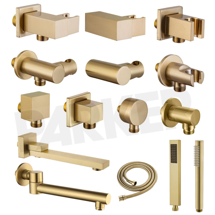 All-Copper Brushed Gold Concealed Shower Accessories, Four-Point Wall-Mounted Shower Base Bracket Connector, Shower Split Assembly