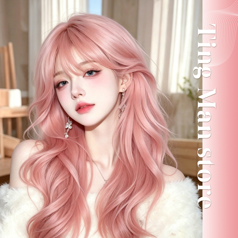 Pink Wig for Women with Air Bangs, Long Curly Hair, Full Head Wig, Realistic Natural Everyday Fluffy Atmosphere Wig Set