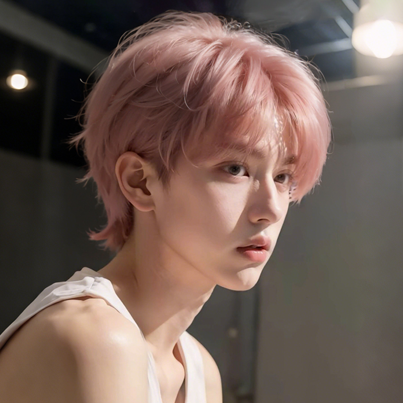 Pink Wig for Boys with Short Hair, Korean Style Handsome Micro-Sharpened Cover for Men, Natural Fluffy Men's Simulated Full Headgear Style