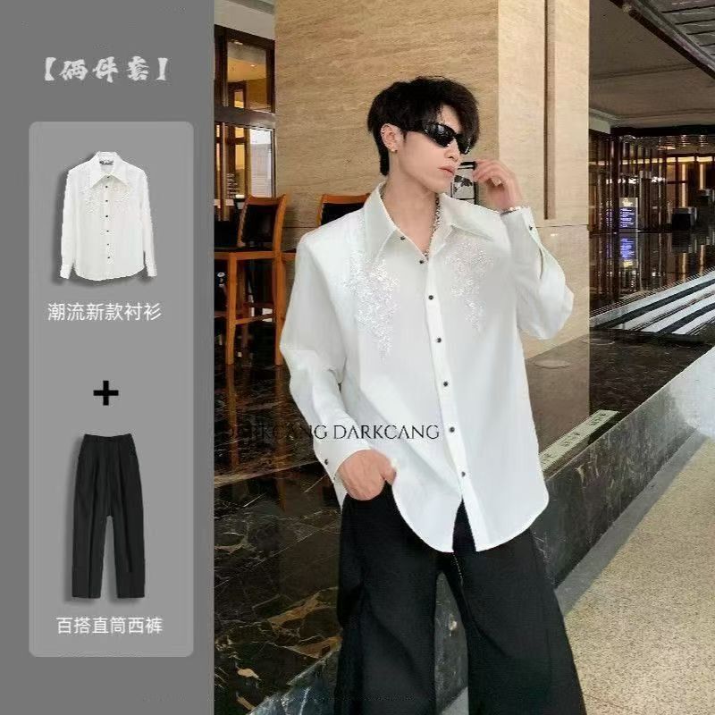 Spring and Autumn Thin Shirts, Summer Sequin Design Lace Shirts, Loose Drapey Suits, Light Mature Style Men's Tops