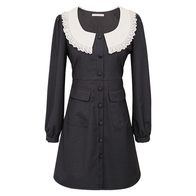 SRK French gray minimalist high-end dress autumn new temperament doll collar small waist A-line skirt