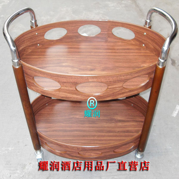 Stainless steel solid wood wooden wine truck double deck oval dim sum service cart cart delivery truck