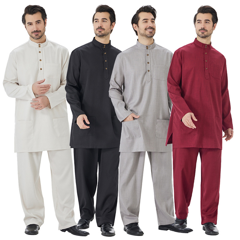 Two-Piece Men's Solid Color Festive Pakistani Ethnic Style Loose-Fitting Large Size Stand Collar Buttoned Short Suit