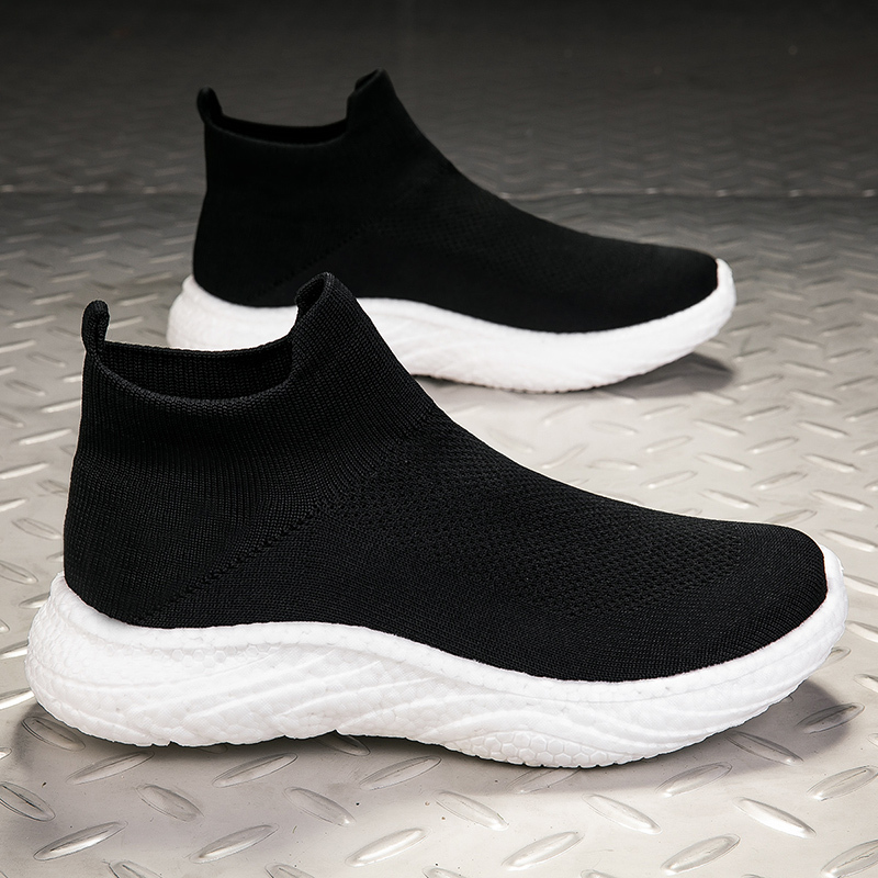 soft sole Slip-On Sneakers for Men, Autumn Casual High-Top Sock Shoes, Black Breathable Trendy Foam-Soled Cloth Shoes