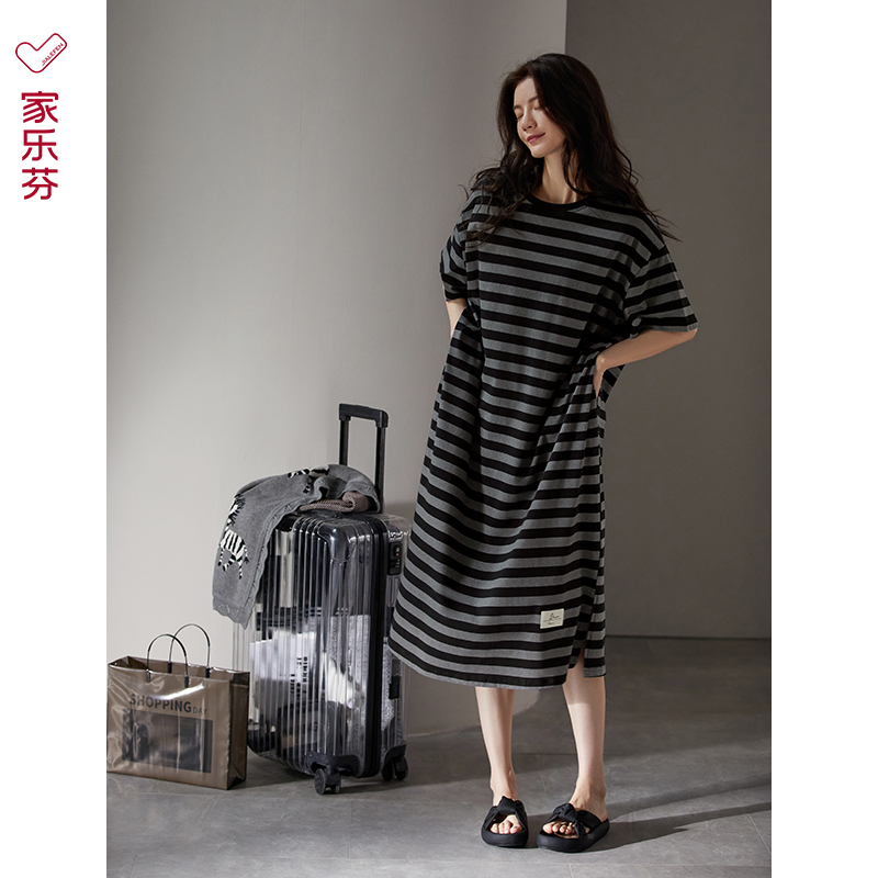 Nightgown Women's Sleepwear Dress Summer Style Pure Cotton Short-Sleeved Thin Large Size Long Striped Casual Can Be Worn Outside
