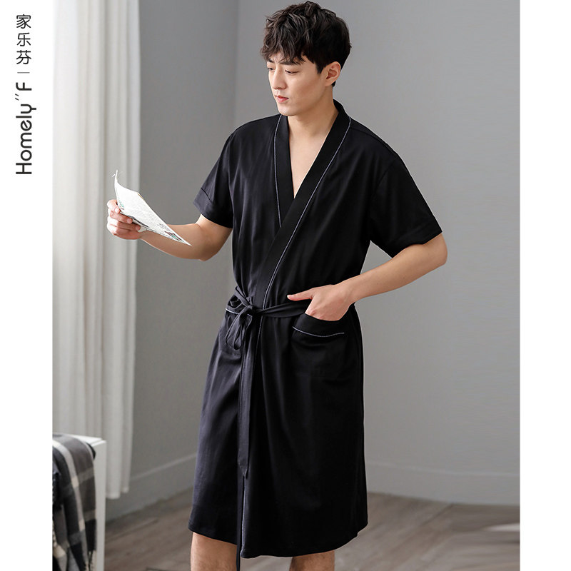 Skygown Men's Bathrobe Dresse and Summer Pure Cotton Thin Bathroom Japanese Long-range Integrated Set