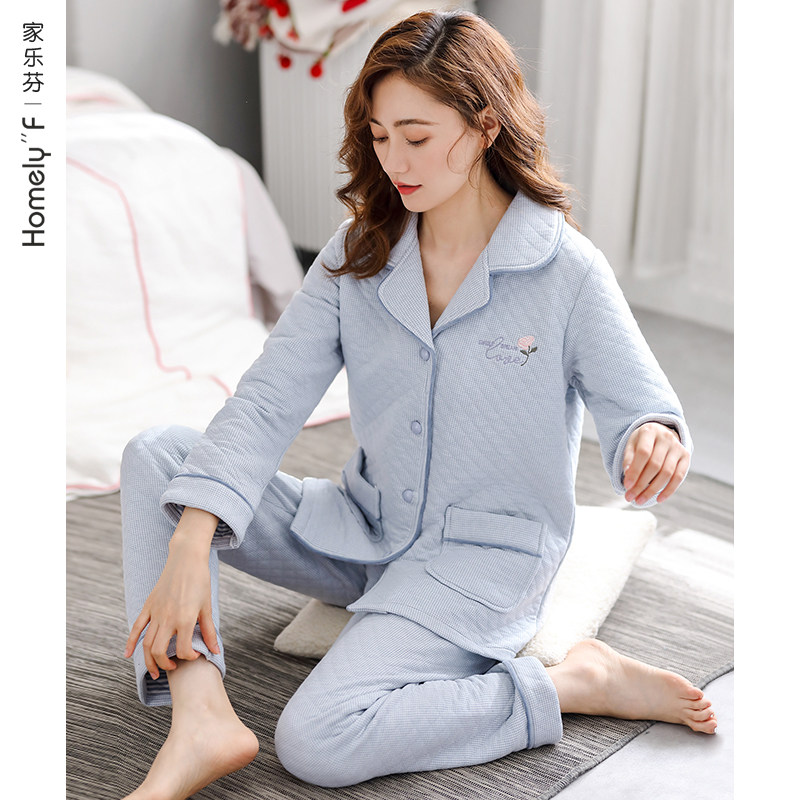 Air Cotton Pyjamas Lady Spring Autumn Season Thickened Pure Cotton Long Sleeve Home Wear Full Cotton Autumn Winter Winter mezzanine clip cotton