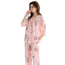 (Gauze) Carrefen Pajamas Womens Spring and Summer Pure Cotton Three-quarter Sleeves Medium and Long Sleeves Home Clothing Spring and Autumn Mom