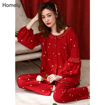 Pajamas ladies spring and autumn autumn cotton long sleeve home clothing cotton autumn winter big red year of the year of the Ox