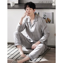Woven cotton gauze pajamas mens spring and autumn cotton long sleeve home clothing cotton spring and summer thin middle-aged dad suit