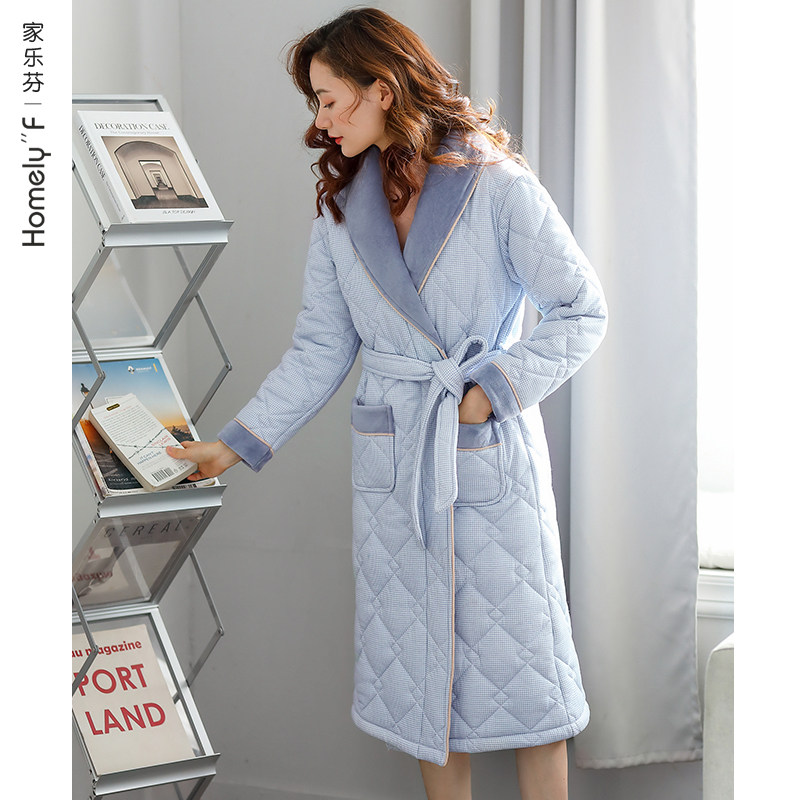 Clip Cotton Sleeping Robe Lady Autumn Winter Pure Cotton Triple Layer Thickened Warm Full Cotton Medium Long Version Bathrobe Pyjamas women's home clothes